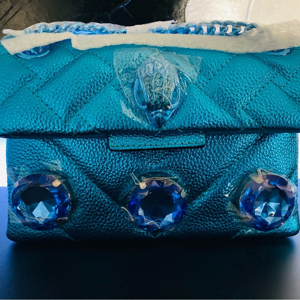 Kurt Geiger Mini Kensington Quilted Leather Gem Bag Metallic Blue Drench NWT